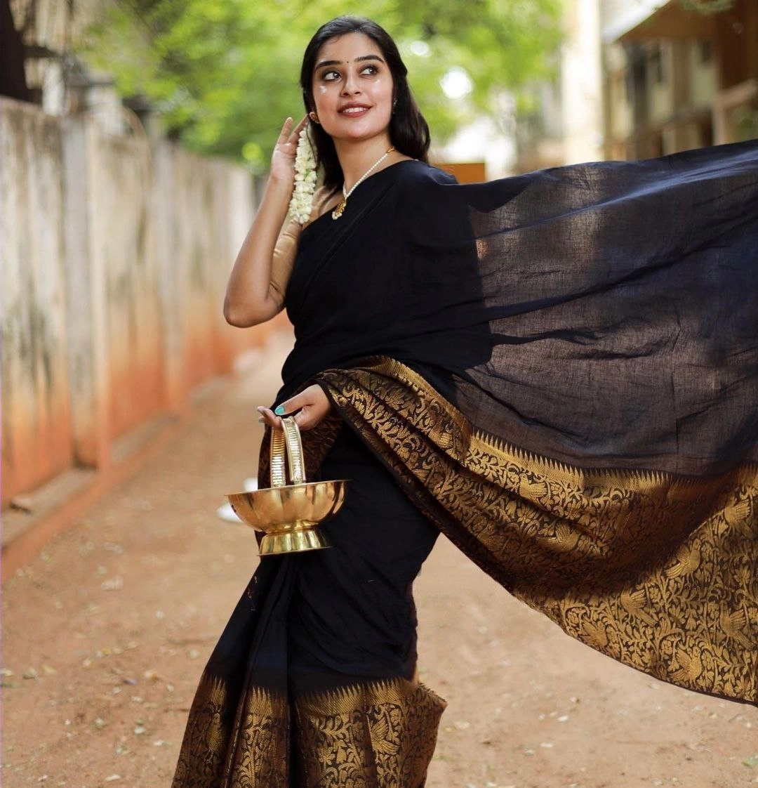 Soft Lichi Silk Saree with Golden Jari, Heavy Jaquard Border, Rich Pallu &amp; Blouse Piece-SRIChakli-NavyBlue