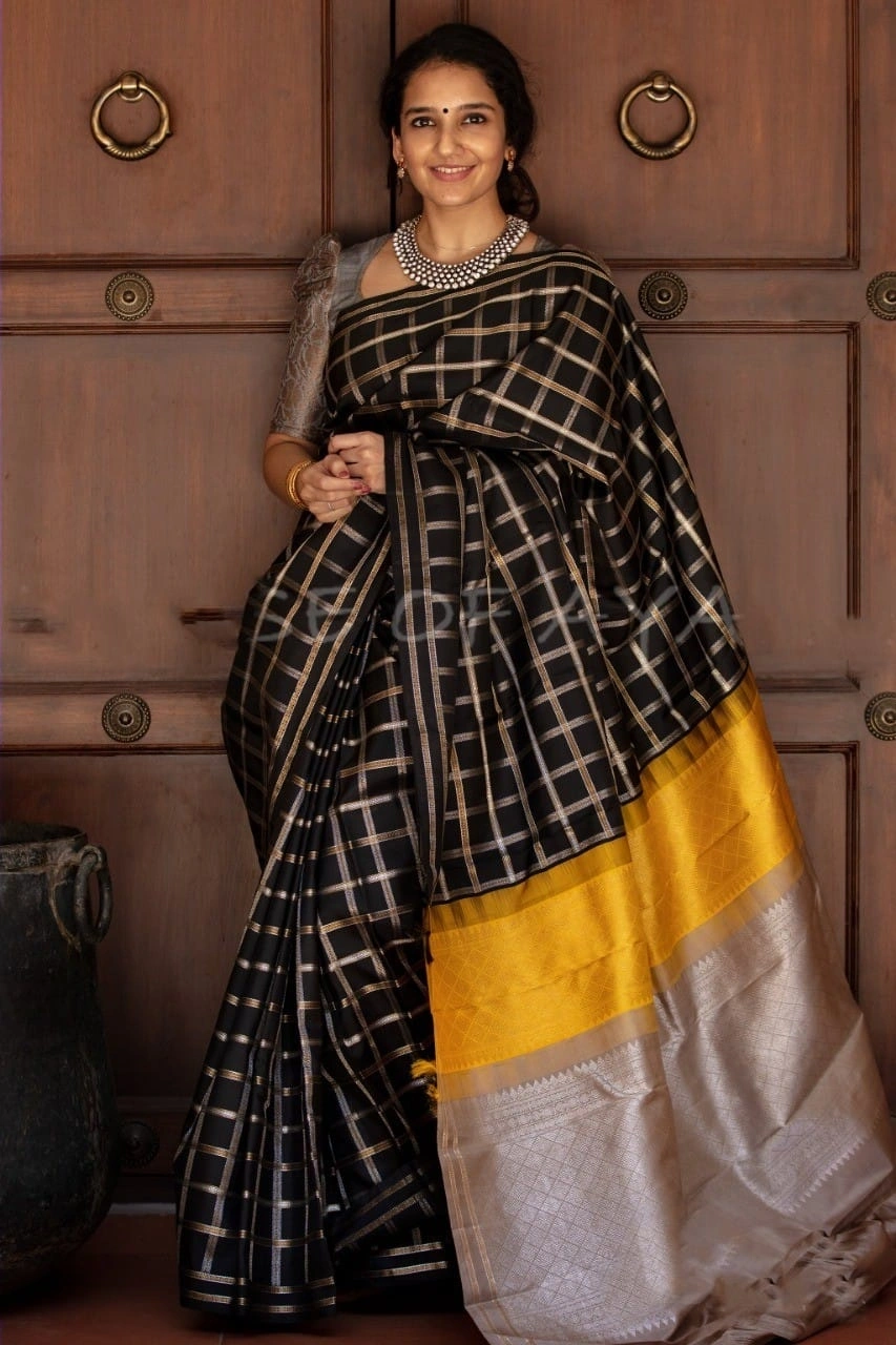 Esign Black Lichi Silk Saree with Golden &amp; Silver Jari, Jaquard Checks &amp; Rich Pallu-SRIChecks-Black