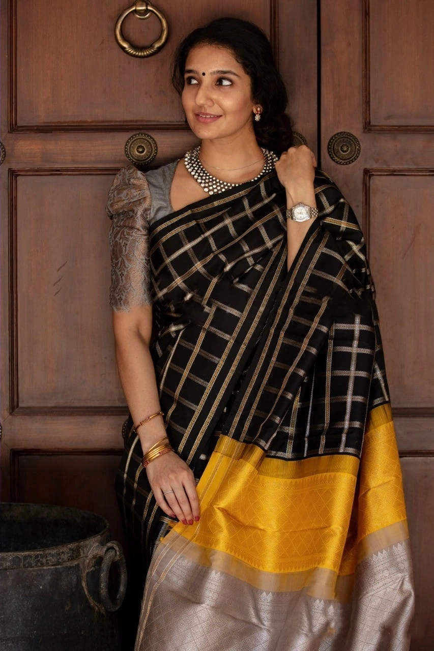 Esign Black Lichi Silk Saree with Golden &amp; Silver Jari, Jaquard Checks &amp; Rich Pallu-Black-4