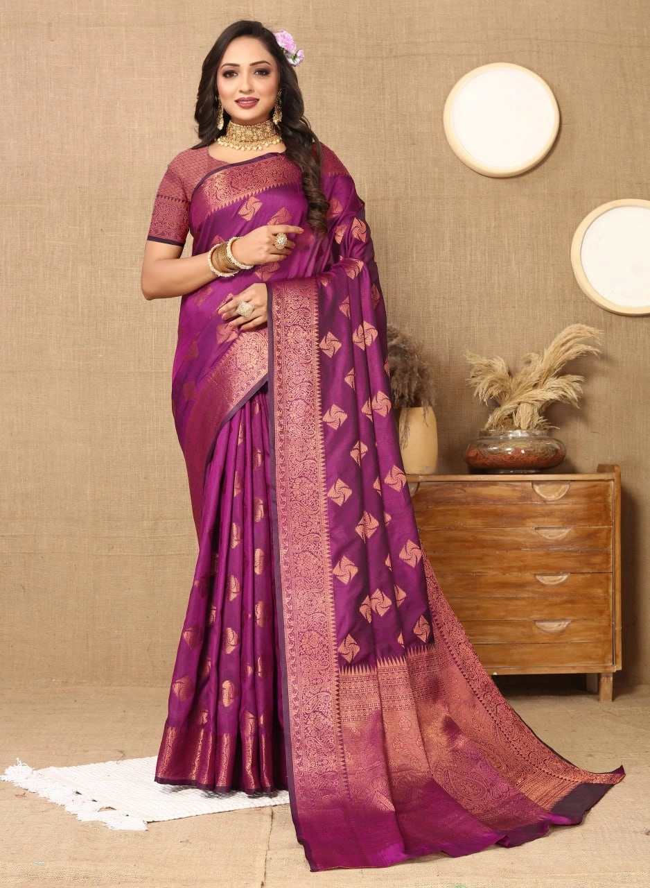 Soft Katan Silk Saree with Copper Zari Weaving Design and Rich Zari Pallu-Wine-1