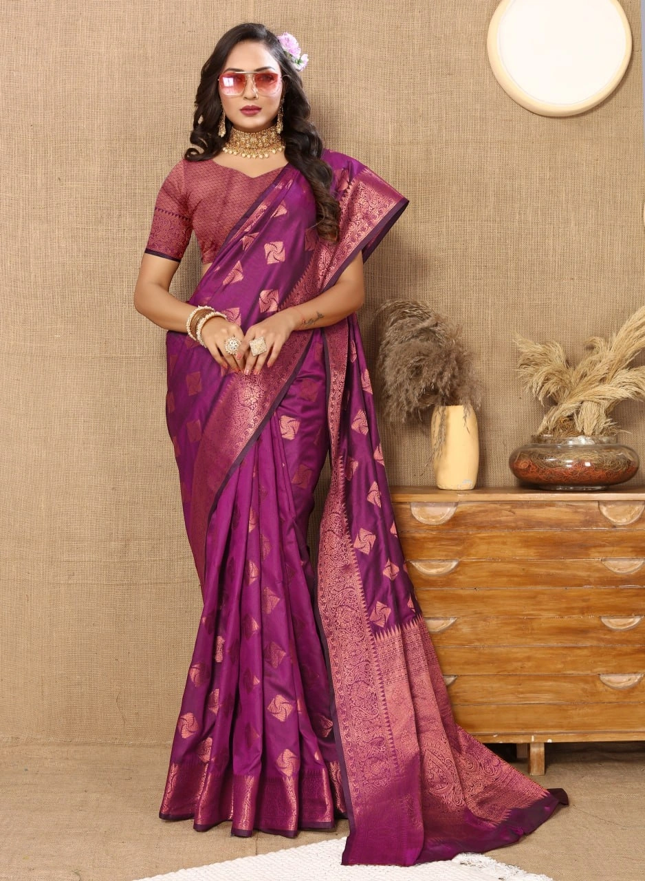 Soft Katan Silk Saree with Copper Zari Weaving Design and Rich Zari Pallu-Wine-2