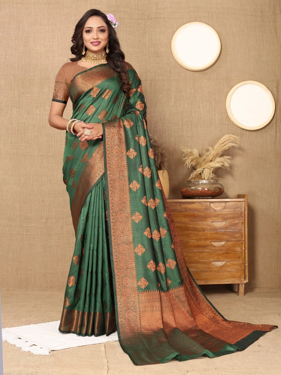 Soft Katan Silk Saree with Copper Zari Weaving Design and Rich Zari Pallu-RMNX-289-Green