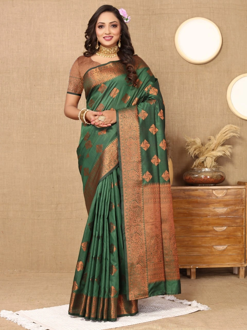 Soft Katan Silk Saree with Copper Zari Weaving Design and Rich Zari Pallu-Green-2