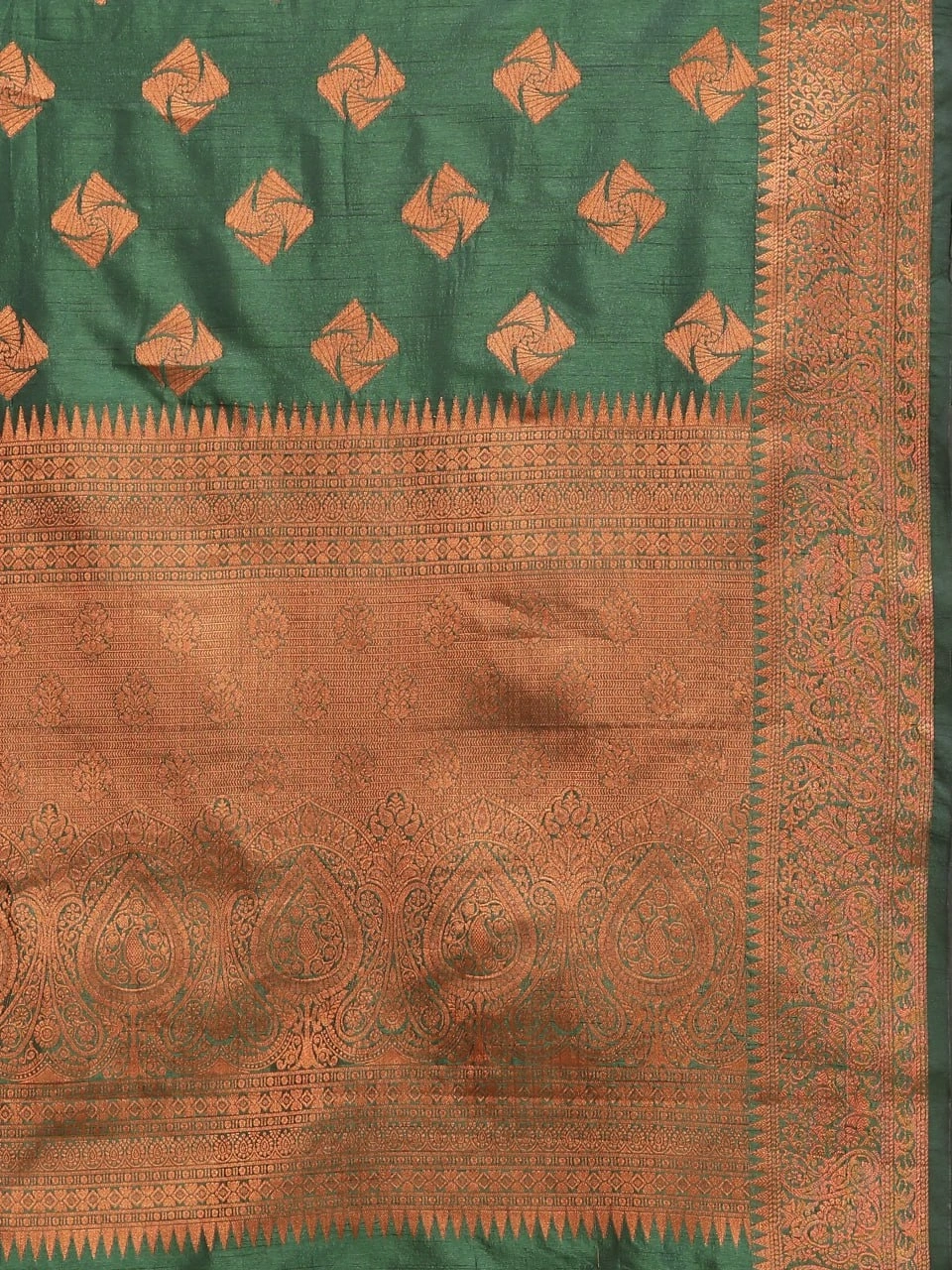 Soft Katan Silk Saree with Copper Zari Weaving Design and Rich Zari Pallu-Green-4