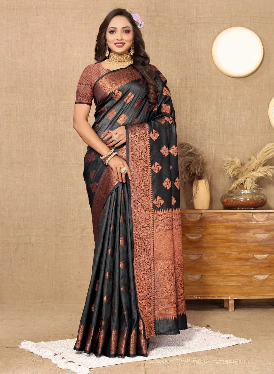 Soft Katan Silk Saree with Copper Zari Weaving Design and Rich Zari Pallu-RMNX-289-Black