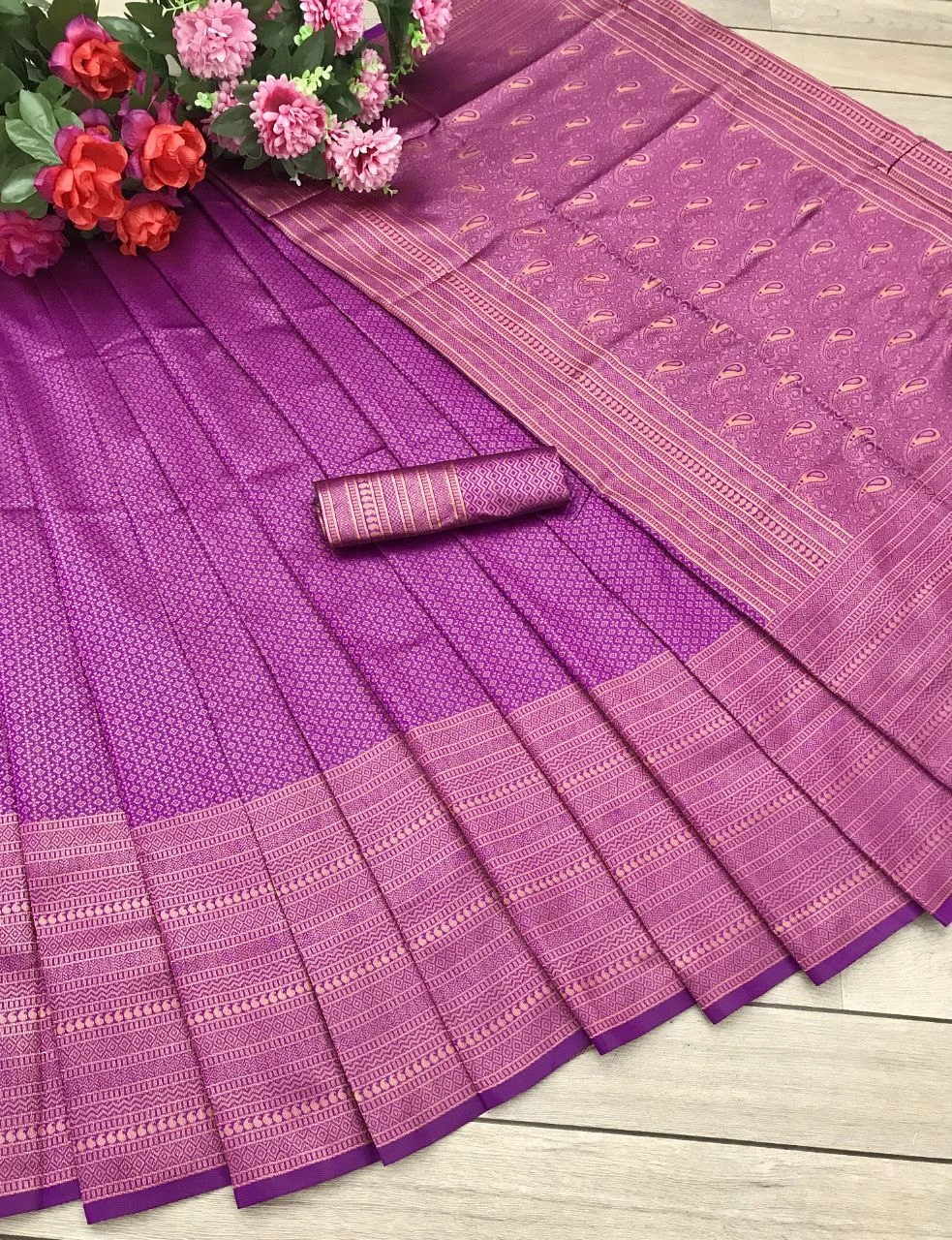 Soft Silk Saree with Copper Jari, Rich Design Pallu &amp; Jaquard Border Blouse, Lightweight-Purple-3