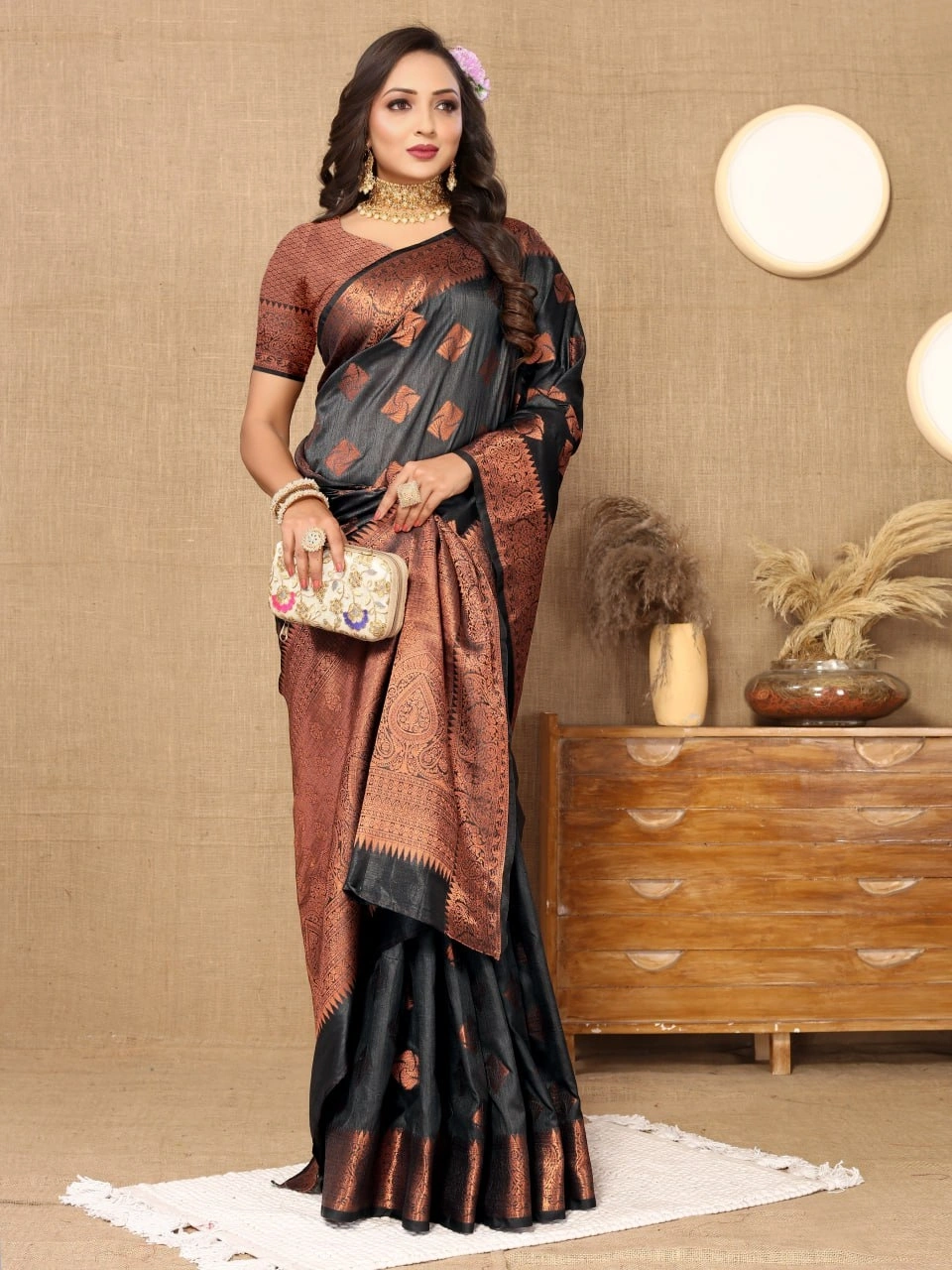 Soft Katan Silk Saree with Copper Zari Weaving Design and Rich Zari Pallu-Black-2