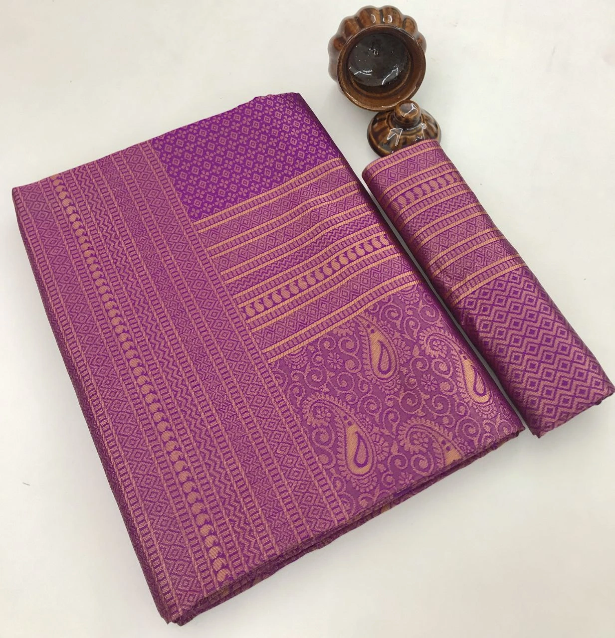 Soft Silk Saree with Copper Jari, Rich Design Pallu &amp; Jaquard Border Blouse, Lightweight-Purple-4