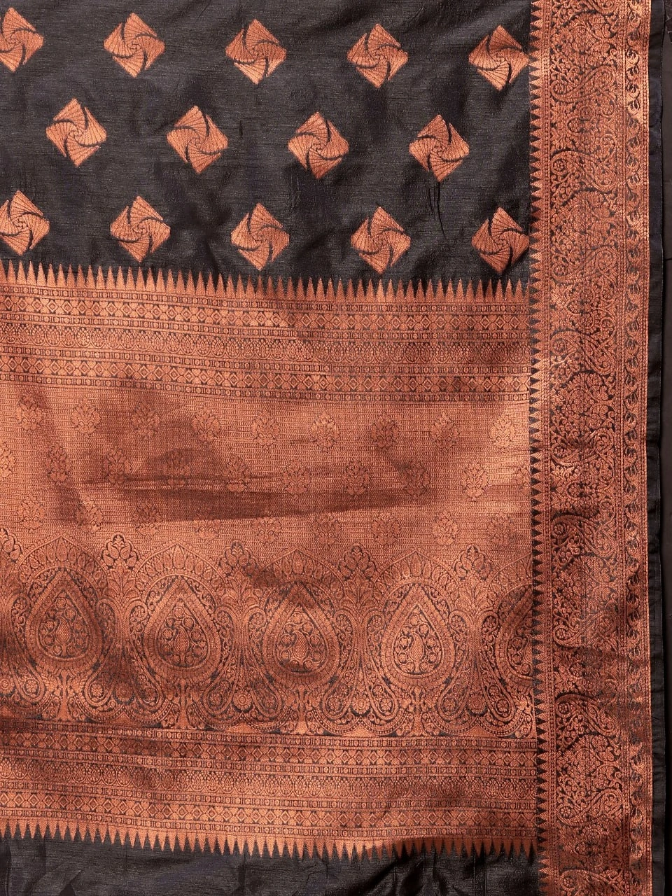 Soft Katan Silk Saree with Copper Zari Weaving Design and Rich Zari Pallu-Black-4