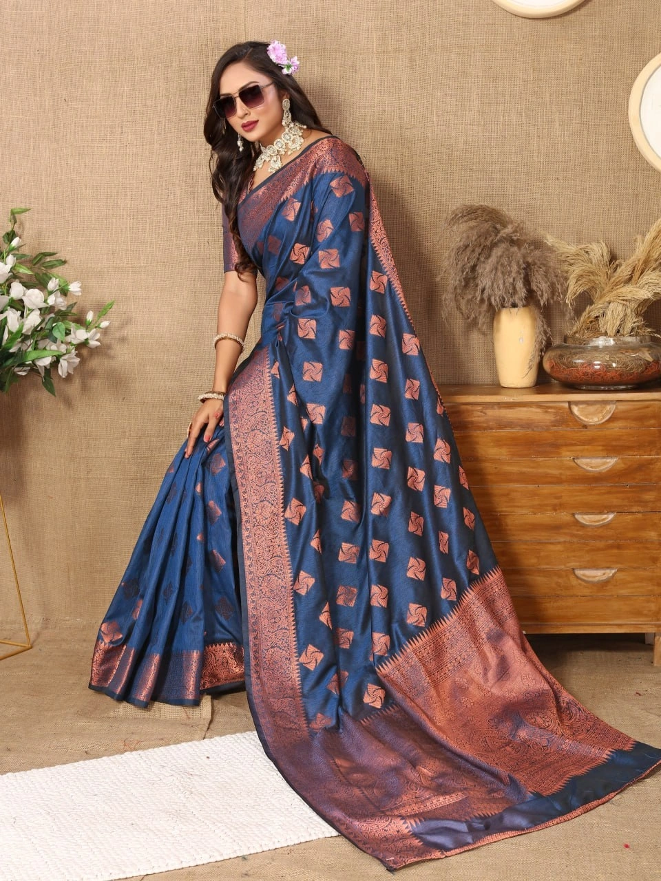 Soft Katan Silk Saree with Copper Zari Weaving Design and Rich Zari Pallu-RMNX-289-NavyBlue