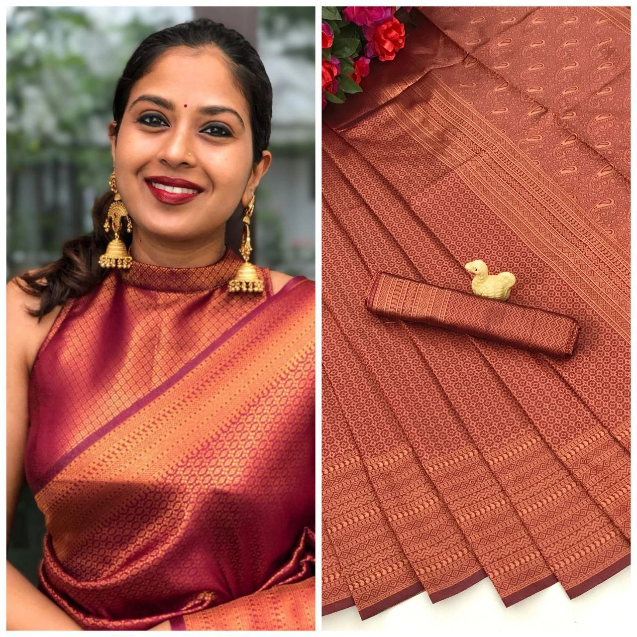 Soft Silk Saree with Copper Jari, Rich Design Pallu &amp; Jaquard Border Blouse, Lightweight-Maroon-2