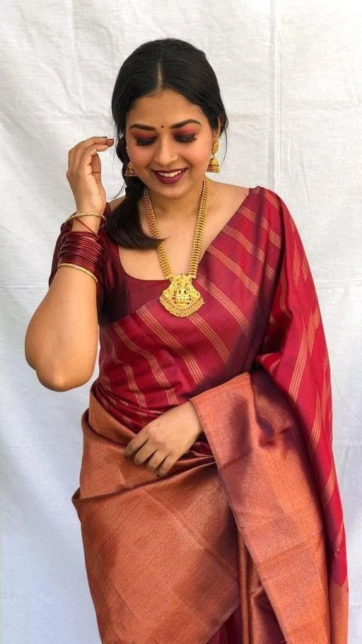 Soft Silk Saree with Copper Jari, Rich Design Pallu &amp; Jaquard Border Blouse, Lightweight-SRIcoming-Red