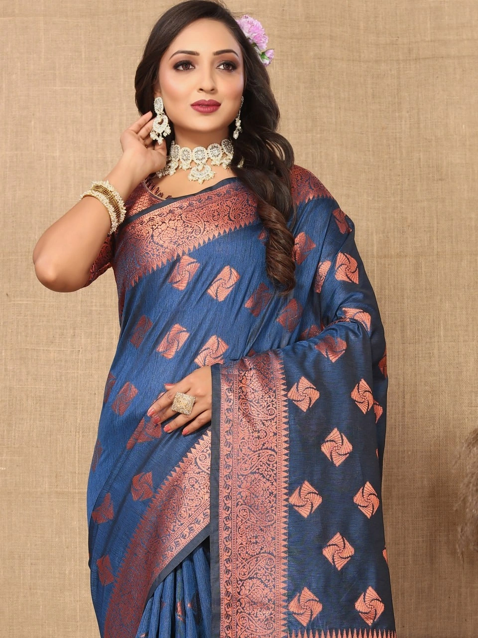 Soft Katan Silk Saree with Copper Zari Weaving Design and Rich Zari Pallu-Navy Blue-1