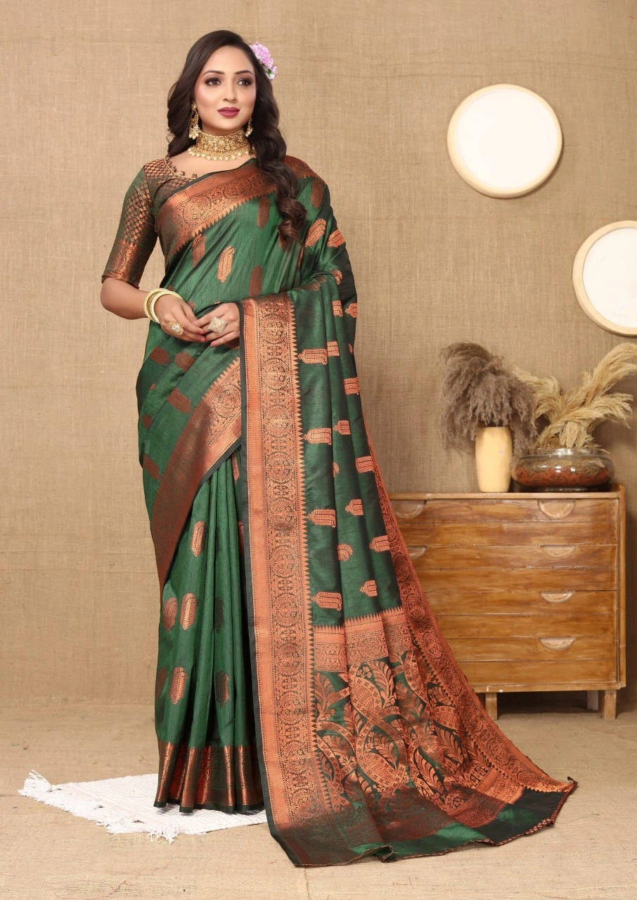 Soft Katan Silk Saree with Copper Zari Weaving Design and Rich Zari Pallu-RMNX-290-Green