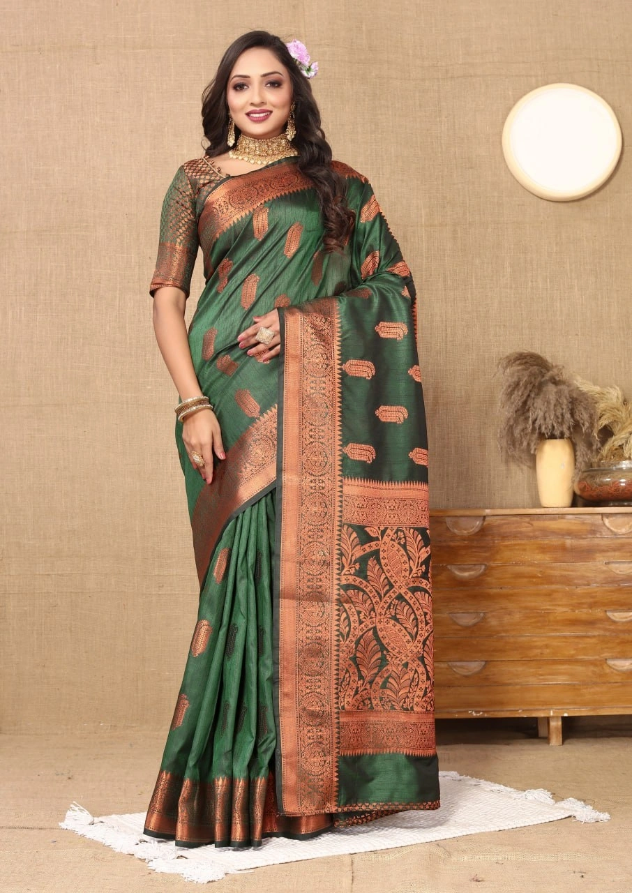 Soft Katan Silk Saree with Copper Zari Weaving Design and Rich Zari Pallu-Green-1