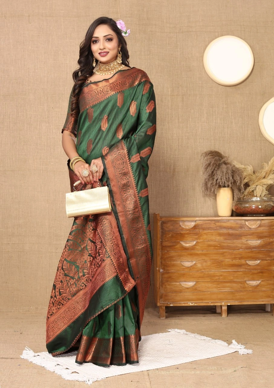 Soft Katan Silk Saree with Copper Zari Weaving Design and Rich Zari Pallu-Green-3