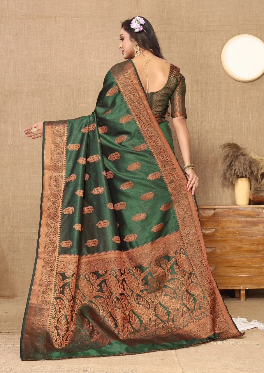 Soft Katan Silk Saree with Copper Zari Weaving Design and Rich Zari Pallu-Green-4