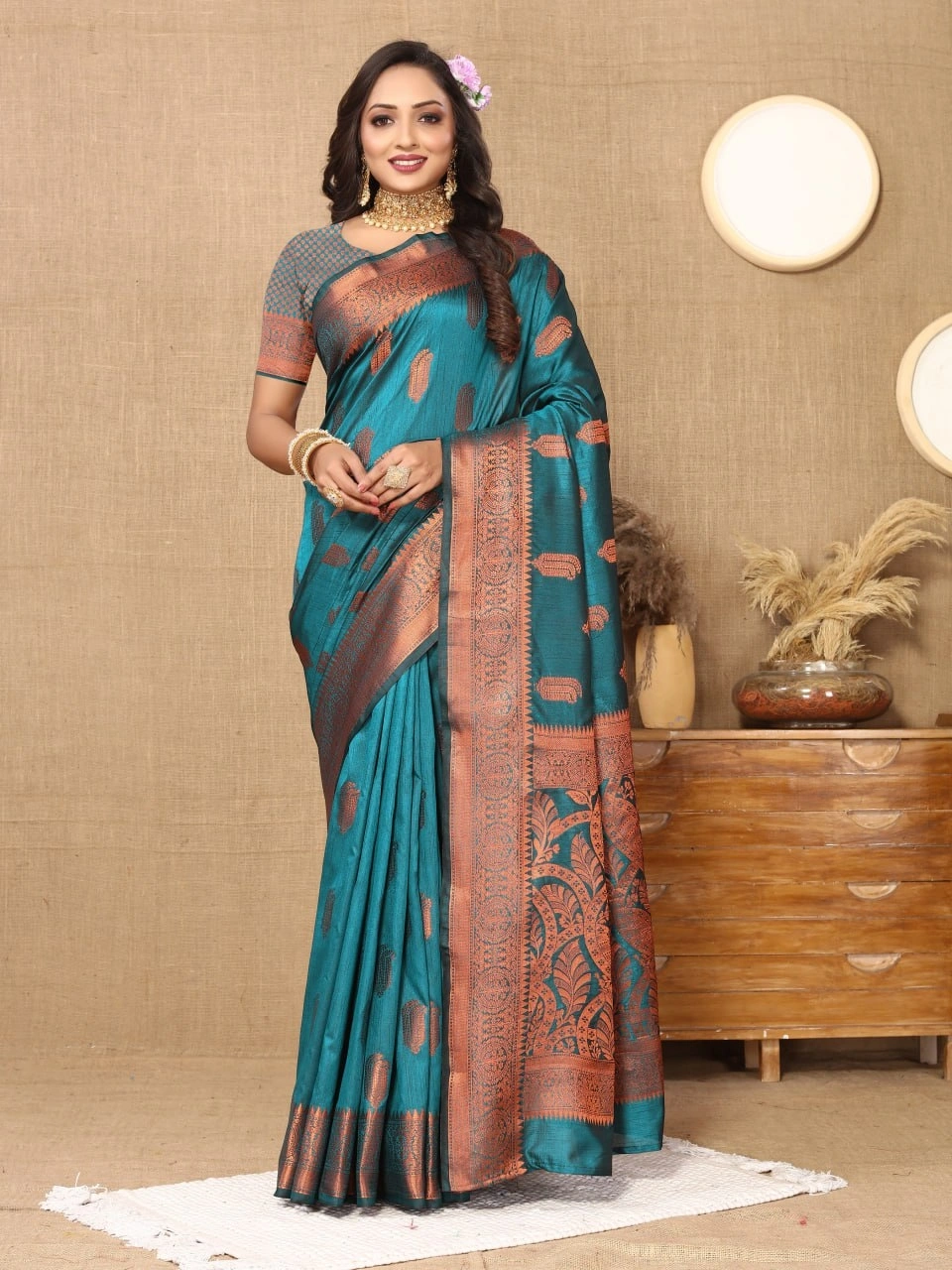 Soft Katan Silk Saree with Copper Zari Weaving Design and Rich Zari Pallu-RMNX-290-Firozi