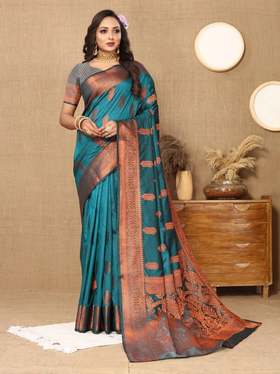 Soft Katan Silk Saree with Copper Zari Weaving Design and Rich Zari Pallu-Firozi-1