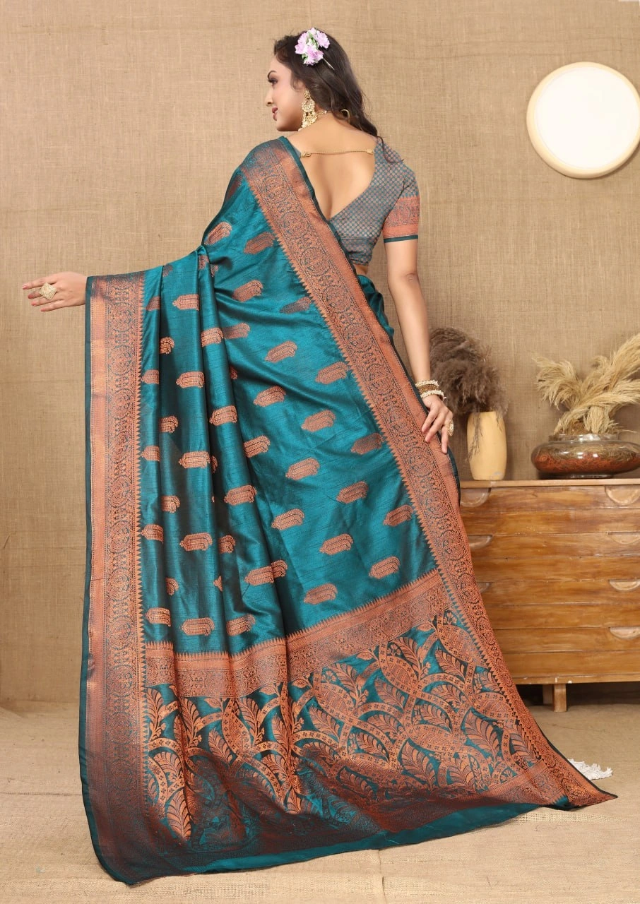 Soft Katan Silk Saree with Copper Zari Weaving Design and Rich Zari Pallu-Firozi-2