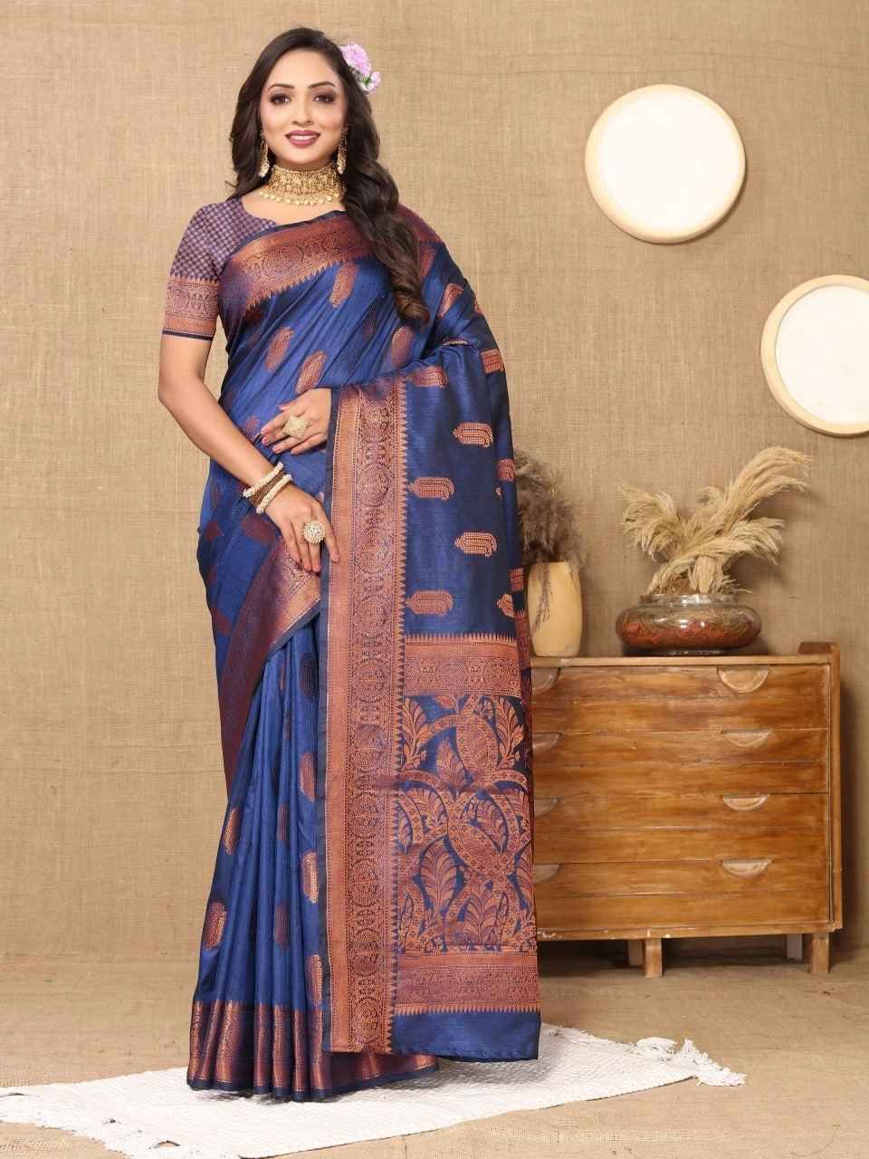 Soft Katan Silk Saree with Copper Zari Weaving Design and Rich Zari Pallu-RMNX-290-NavyBlue