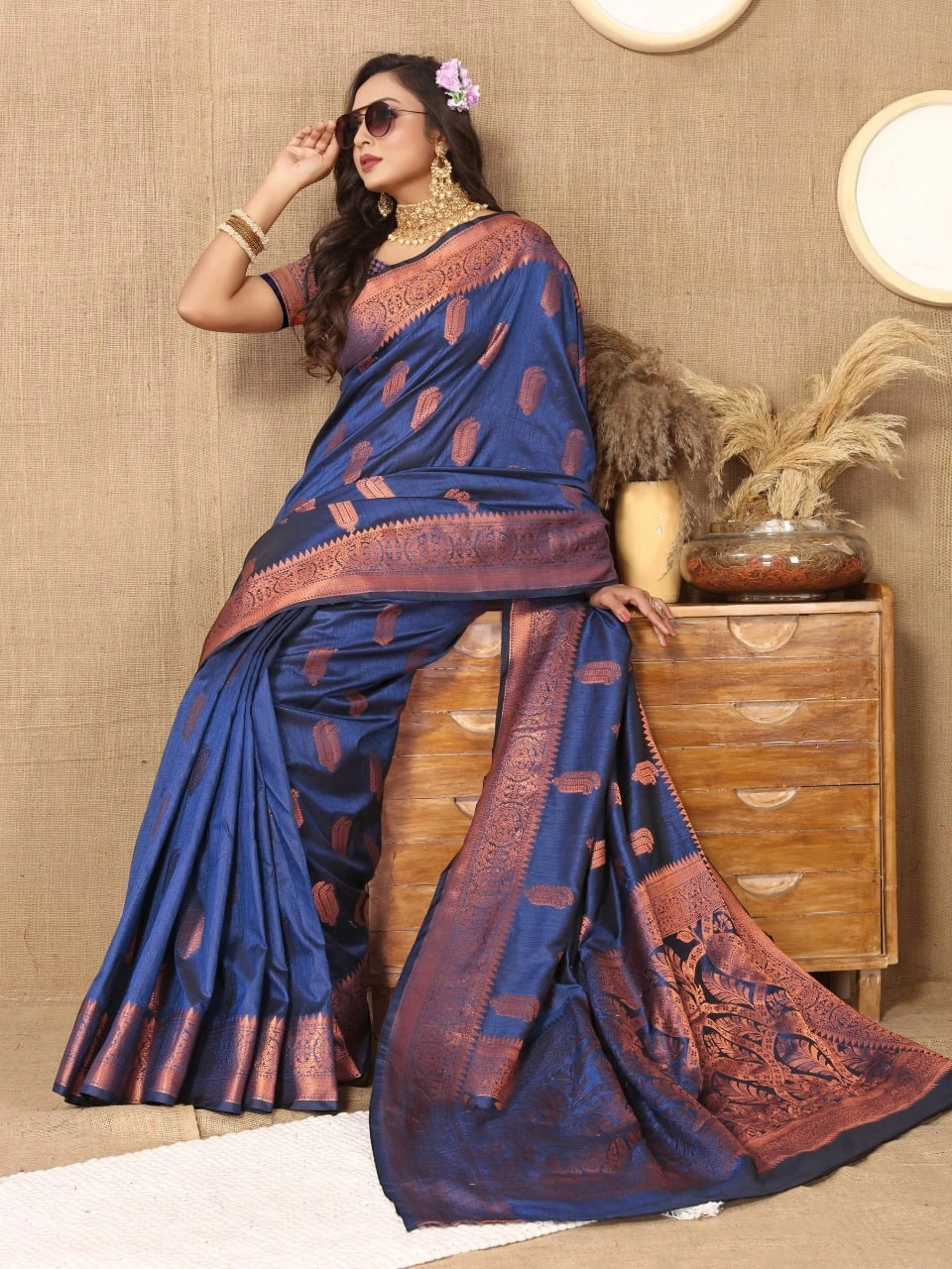 Soft Katan Silk Saree with Copper Zari Weaving Design and Rich Zari Pallu-Navy Blue-1