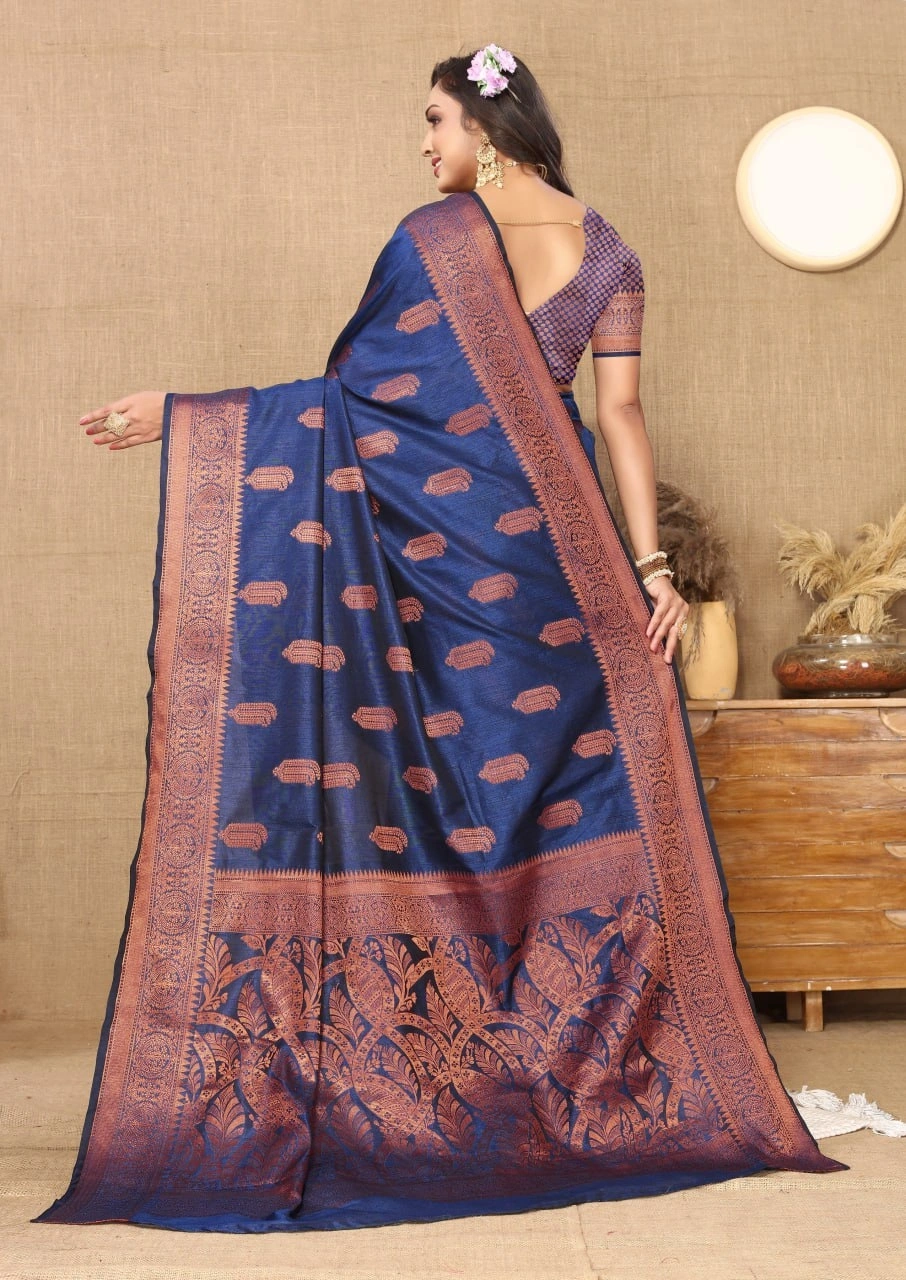 Soft Katan Silk Saree with Copper Zari Weaving Design and Rich Zari Pallu-Navy Blue-3