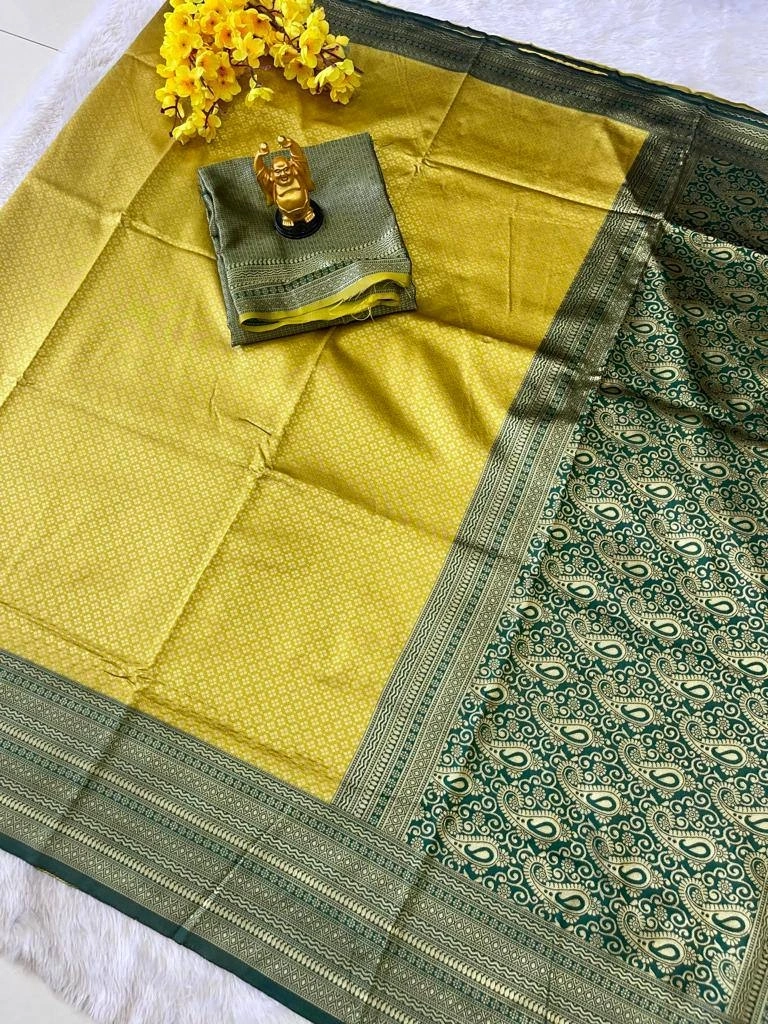 Soft Silk Saree with Copper Jari, Rich Design Pallu &amp; Jaquard Border Blouse, Lightweight-Yellow-4