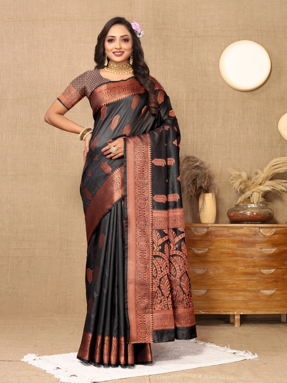 Soft Katan Silk Saree with Copper Zari Weaving Design and Rich Zari Pallu-RMNX-290-Black