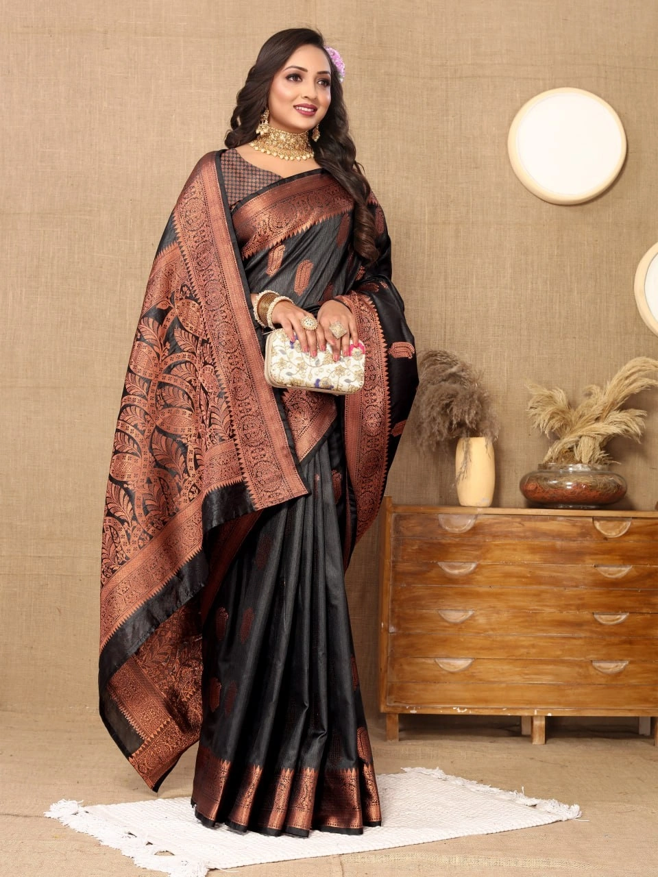 Soft Katan Silk Saree with Copper Zari Weaving Design and Rich Zari Pallu-Black-1