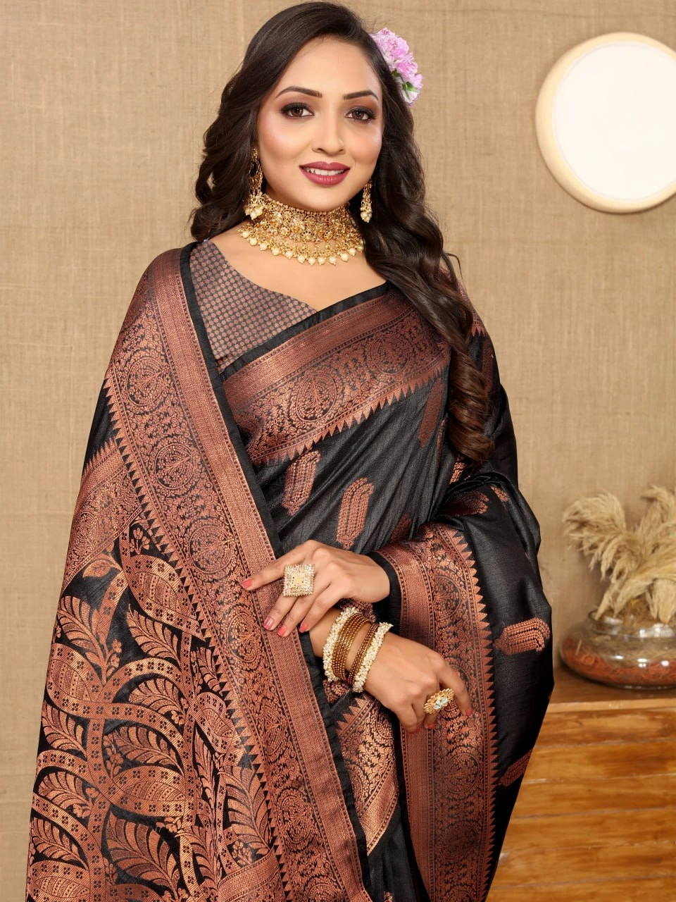 Soft Katan Silk Saree with Copper Zari Weaving Design and Rich Zari Pallu-Black-2