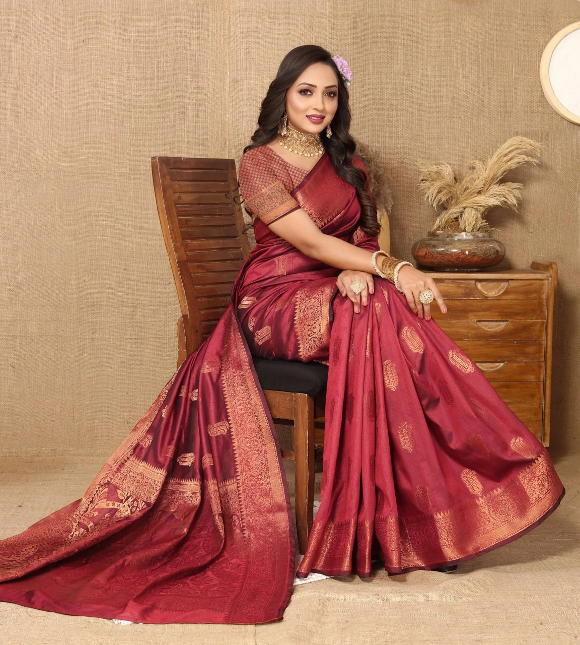 Soft Katan Silk Saree with Copper Zari Weaving Design and Rich Zari Pallu-Red-1