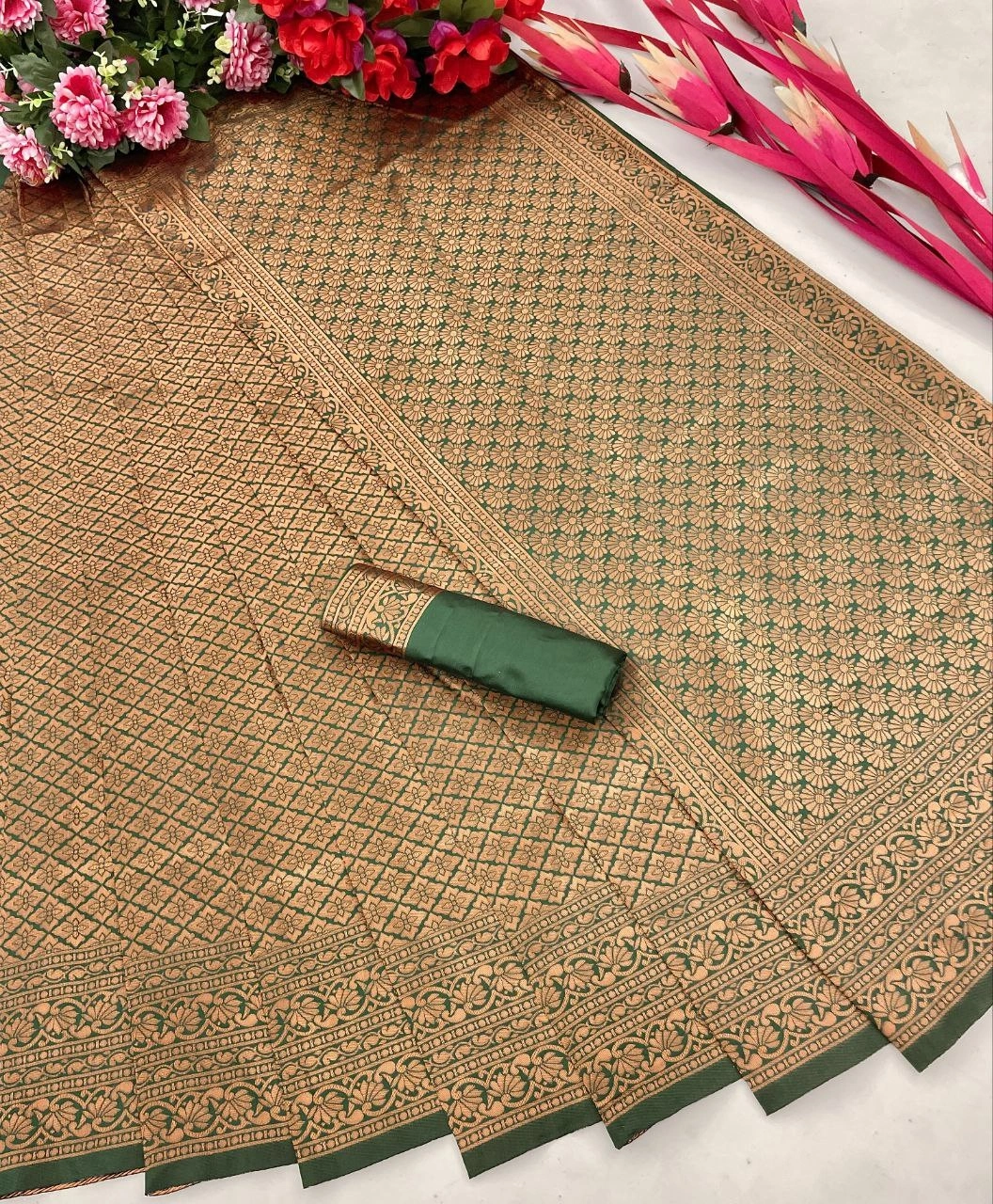 Soft Silk Saree with Copper Jari Work, Rich Design, and Jacquard Border Blouse Piece-Green-5