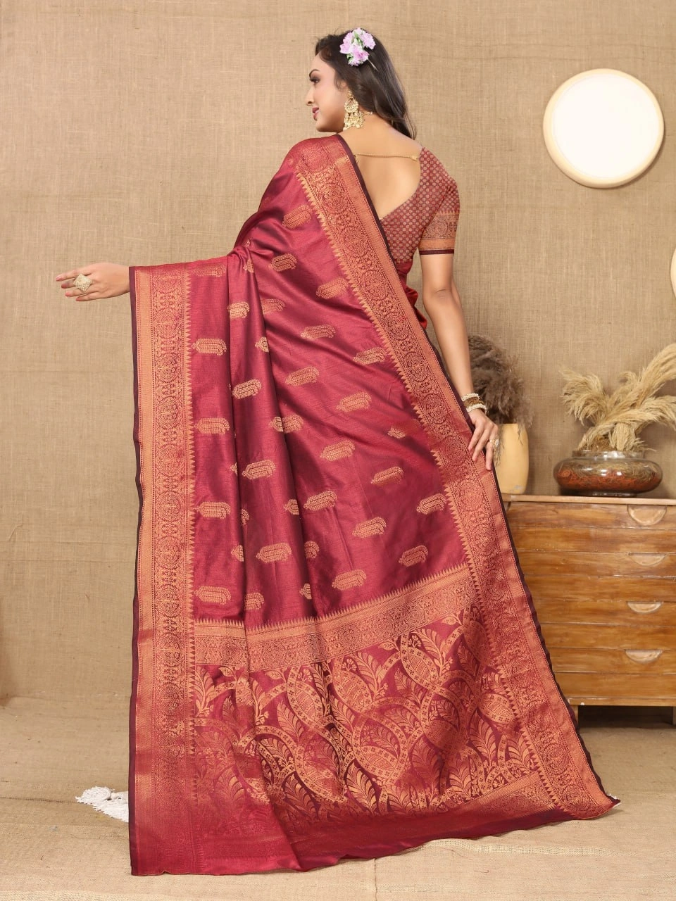 Soft Katan Silk Saree with Copper Zari Weaving Design and Rich Zari Pallu-Red-2