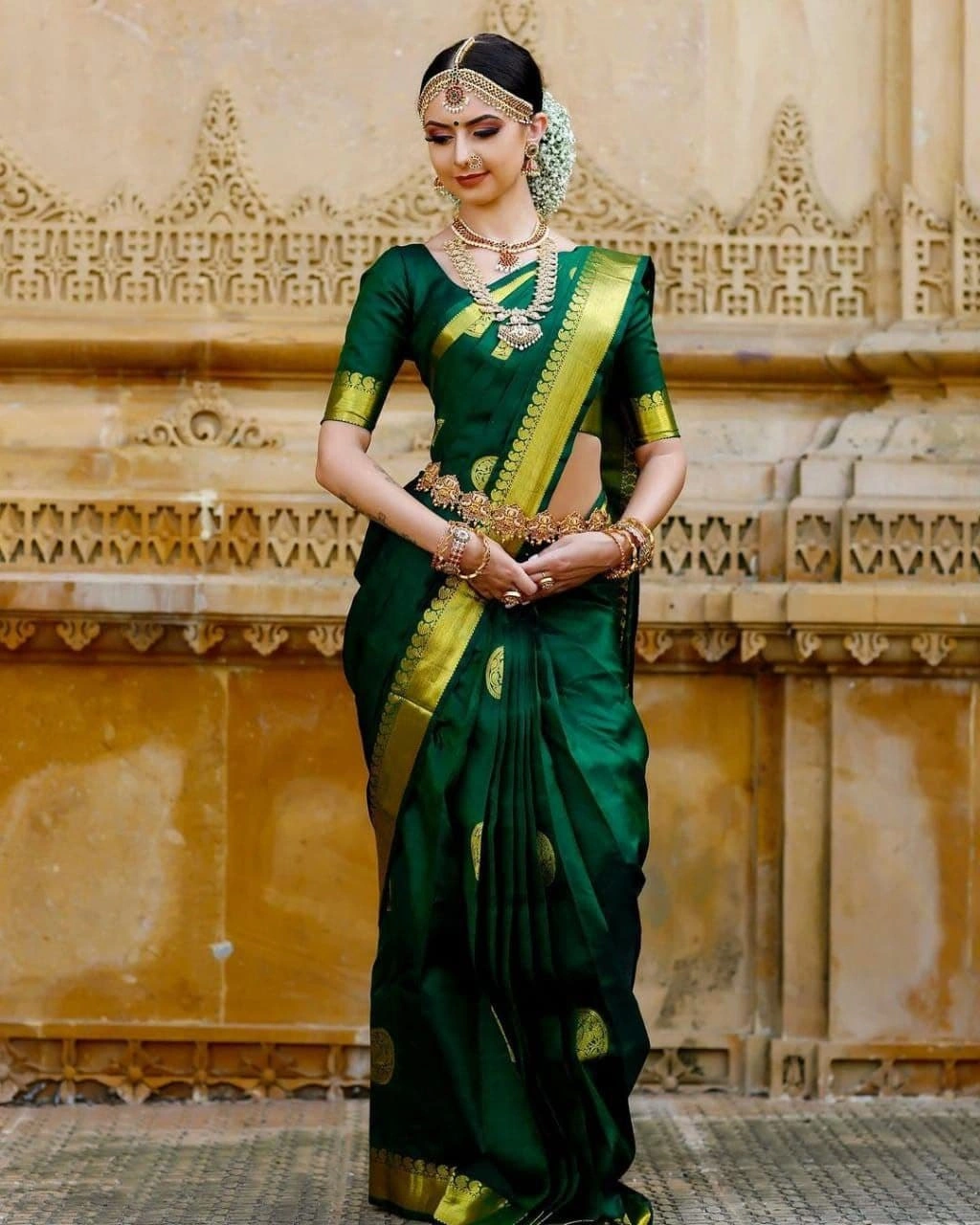 Soft Lichi Silk Saree with Golden Jari, Peacock Design &amp; Heavy Jacquard Border-SRIDiva-Green