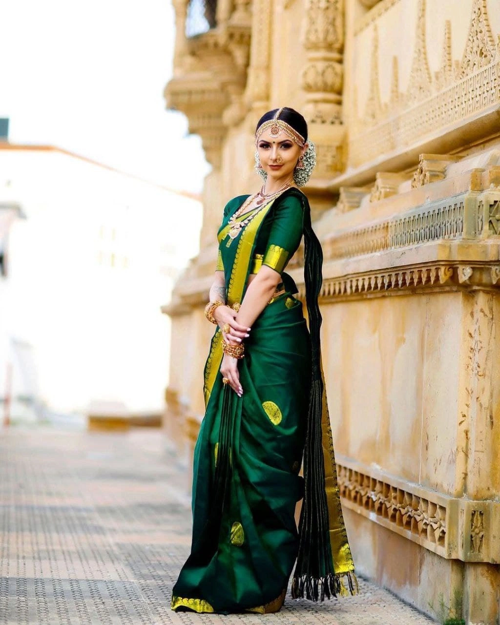 Soft Lichi Silk Saree with Golden Jari, Peacock Design &amp; Heavy Jacquard Border-Green-1