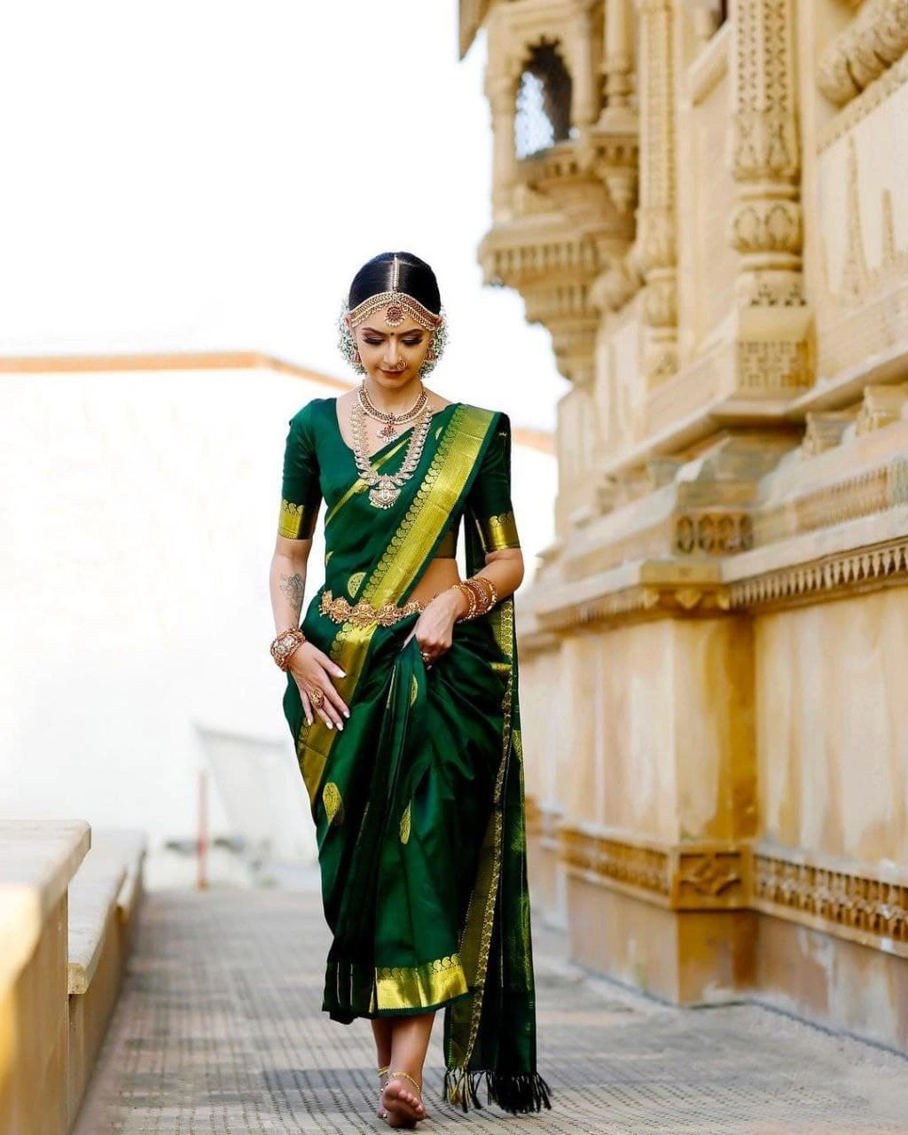 Soft Lichi Silk Saree with Golden Jari, Peacock Design &amp; Heavy Jacquard Border-Green-2