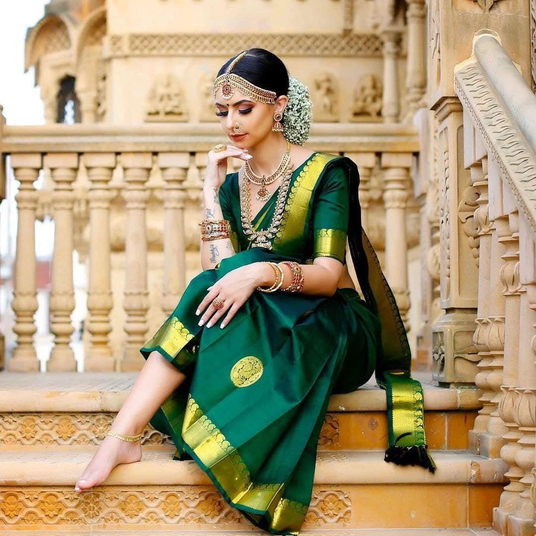 Soft Lichi Silk Saree with Golden Jari, Peacock Design &amp; Heavy Jacquard Border-Green-3