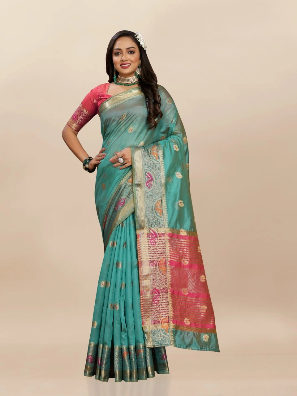 Soft Organza Silk Saree with Meenakari Weaving, Zari Pallu, and Silk Blouse Piece-RMNX-291-Firozi