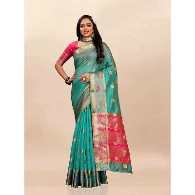 YNF Soft Organza Silk Saree with Meenakari Weaving, Zari Pallu, and Silk Blouse Piece