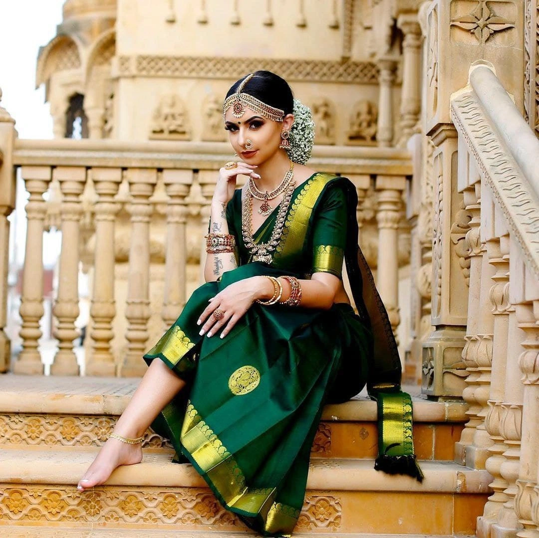 Soft Lichi Silk Saree with Golden Jari, Peacock Design &amp; Heavy Jacquard Border-Green-4