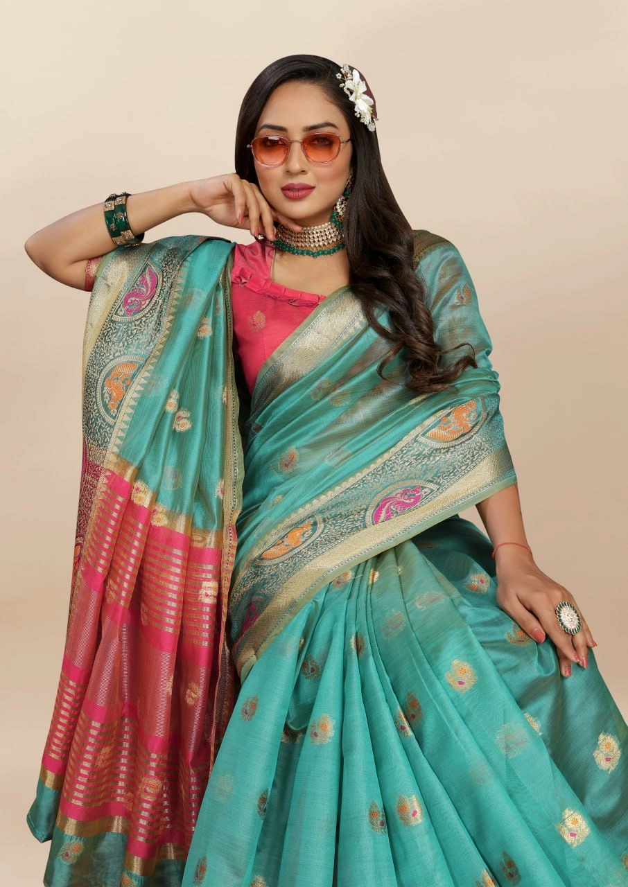 Soft Organza Silk Saree with Meenakari Weaving, Zari Pallu, and Silk Blouse Piece-Firozi-1