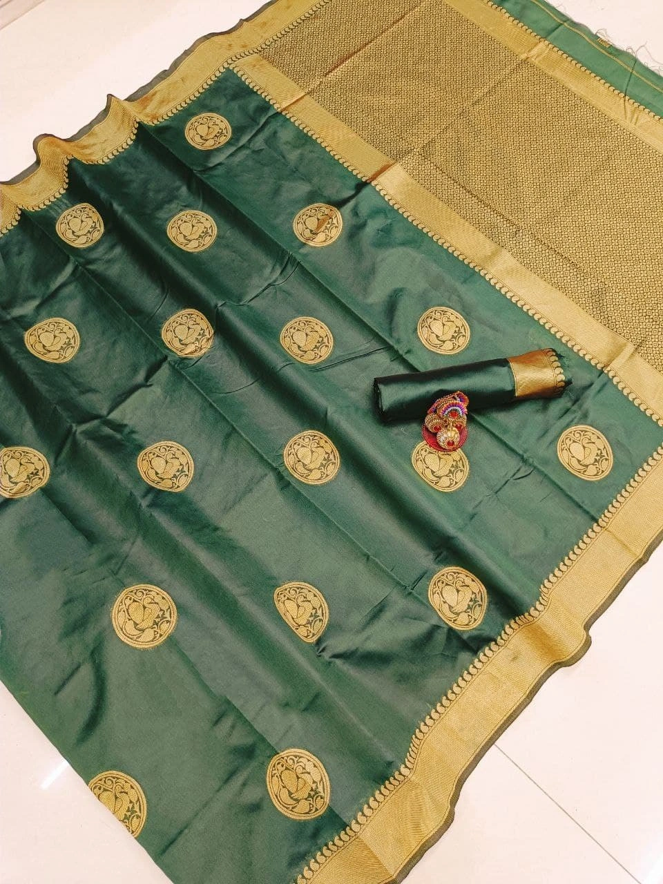 Soft Lichi Silk Saree with Golden Jari, Peacock Design &amp; Heavy Jacquard Border-Green-5