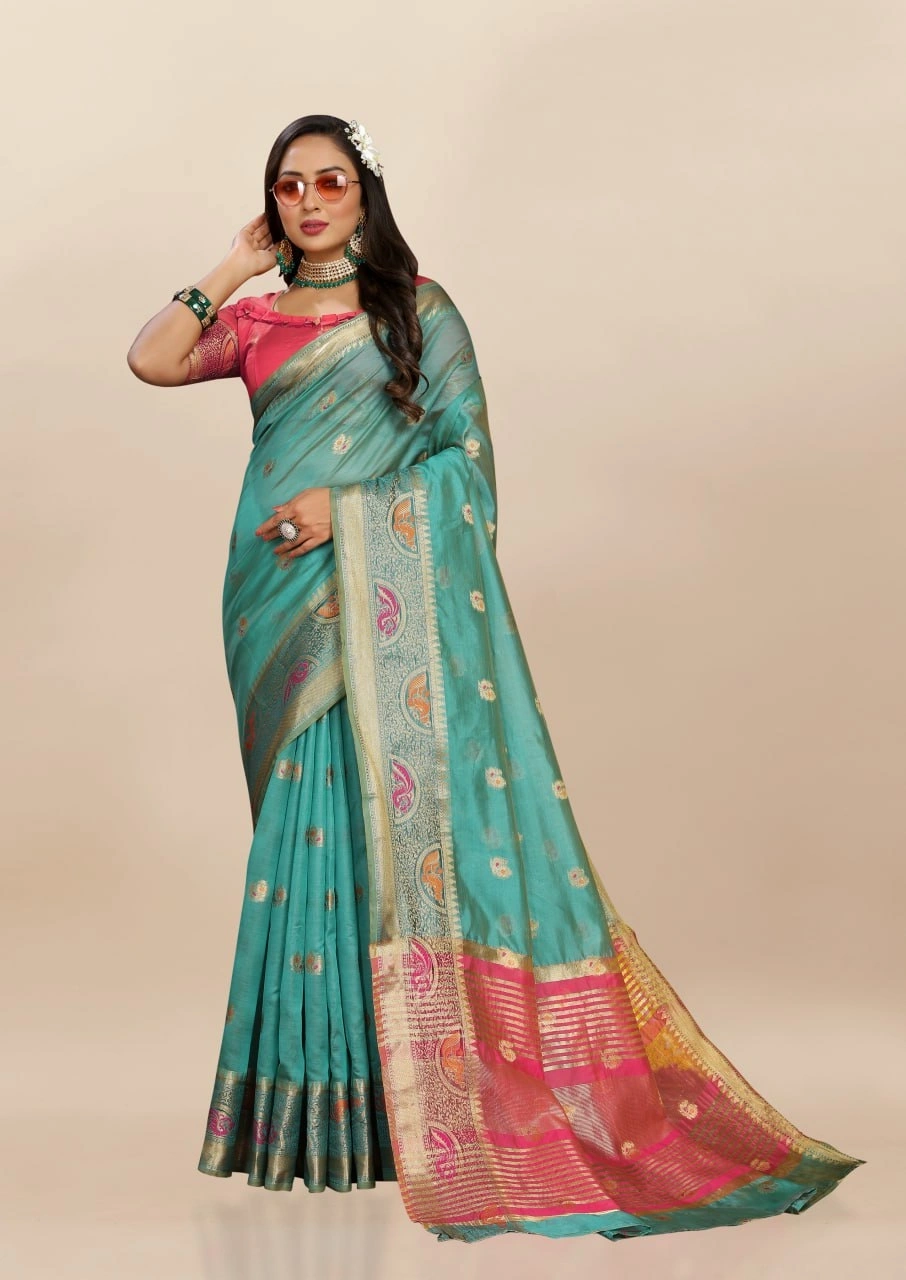 Soft Organza Silk Saree with Meenakari Weaving, Zari Pallu, and Silk Blouse Piece-Firozi-2