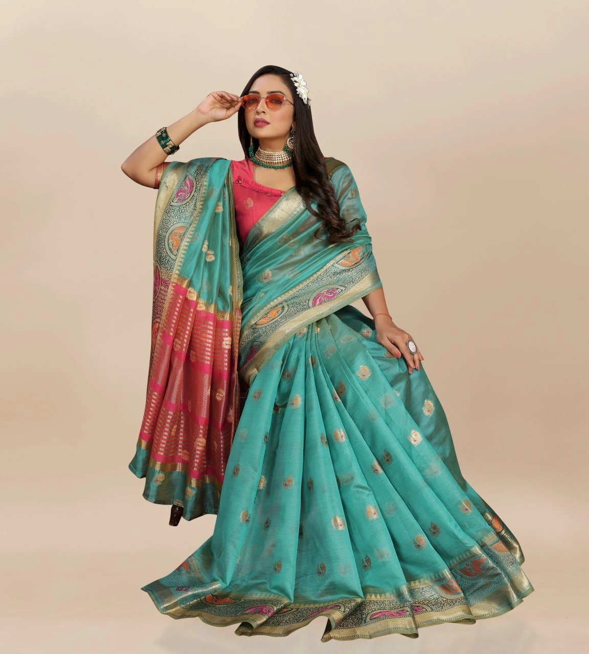 Soft Organza Silk Saree with Meenakari Weaving, Zari Pallu, and Silk Blouse Piece-Firozi-3