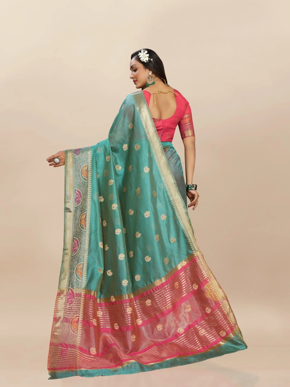 Soft Organza Silk Saree with Meenakari Weaving, Zari Pallu, and Silk Blouse Piece-Firozi-4