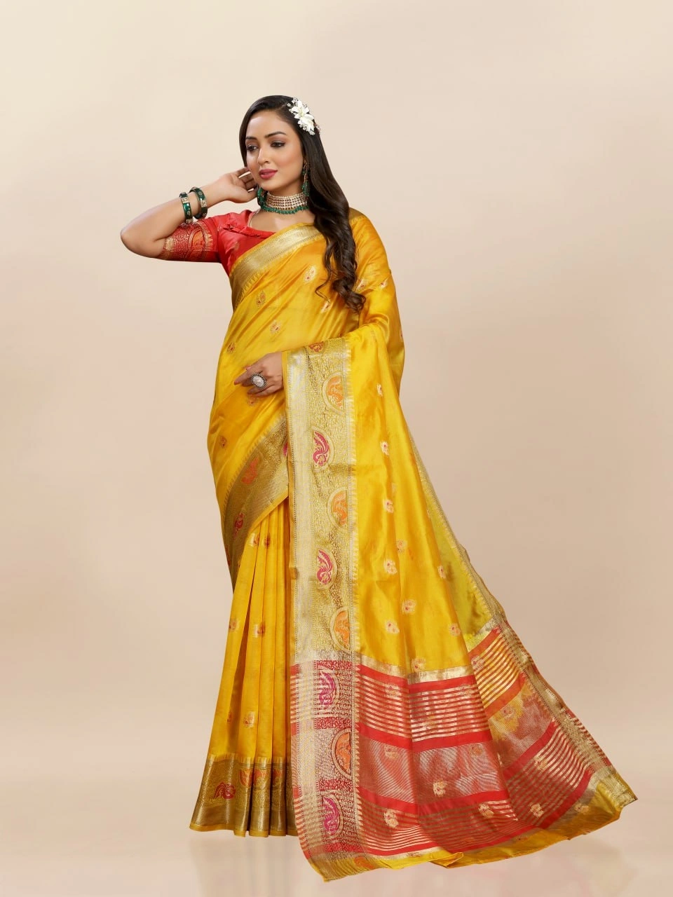 Soft Organza Silk Saree with Meenakari Weaving, Zari Pallu, and Silk Blouse Piece-RMNX-291-Yellow