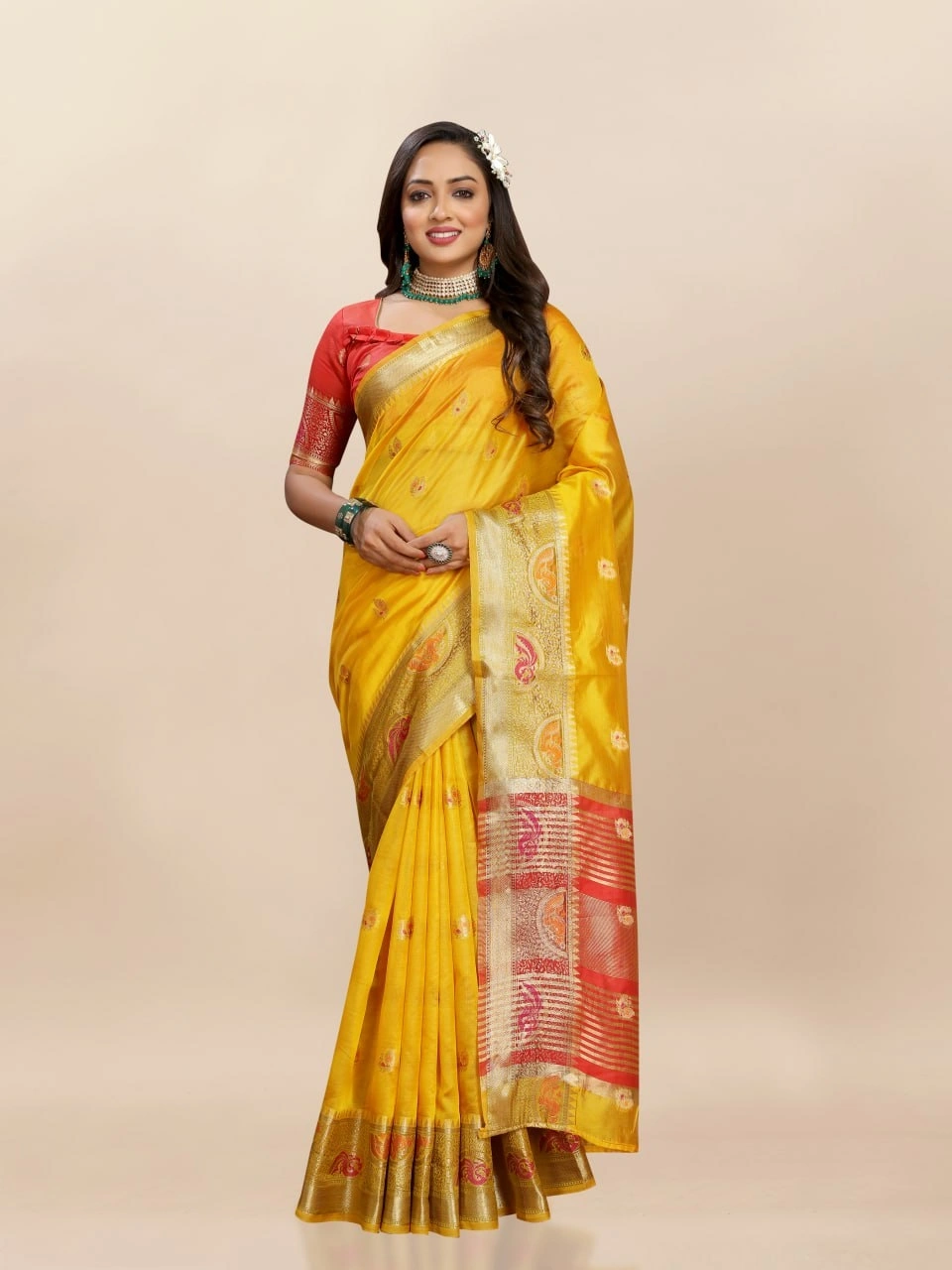 Soft Organza Silk Saree with Meenakari Weaving, Zari Pallu, and Silk Blouse Piece-Yellow-1