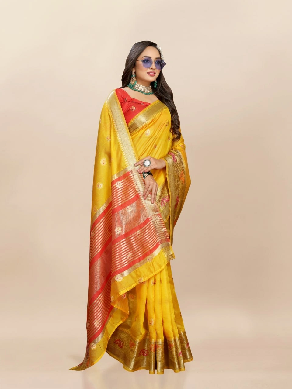 Soft Organza Silk Saree with Meenakari Weaving, Zari Pallu, and Silk Blouse Piece-Yellow-2