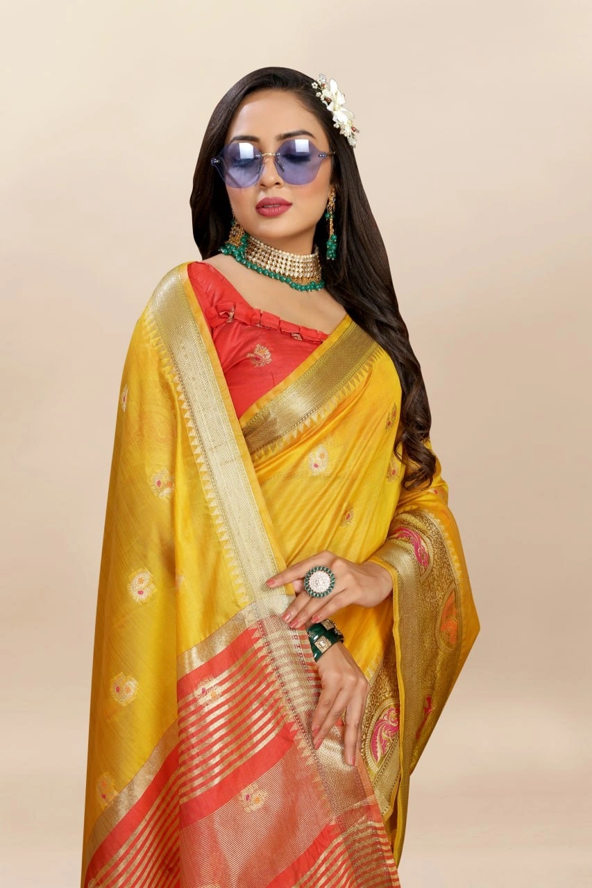 Soft Organza Silk Saree with Meenakari Weaving, Zari Pallu, and Silk Blouse Piece-Yellow-3